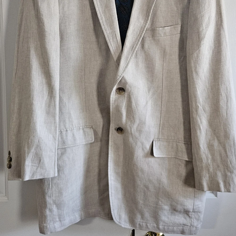 Alan Flusser Mens Blazer Sport coat L Linen Blend Unstructured Beige Lightweight